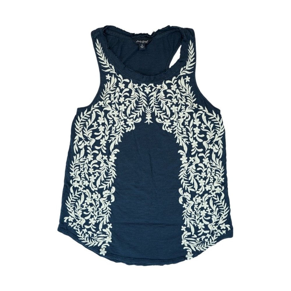Lucky Brand Navy Blue & White Floral Embroidered Sleeveless Top Womens Sz Small